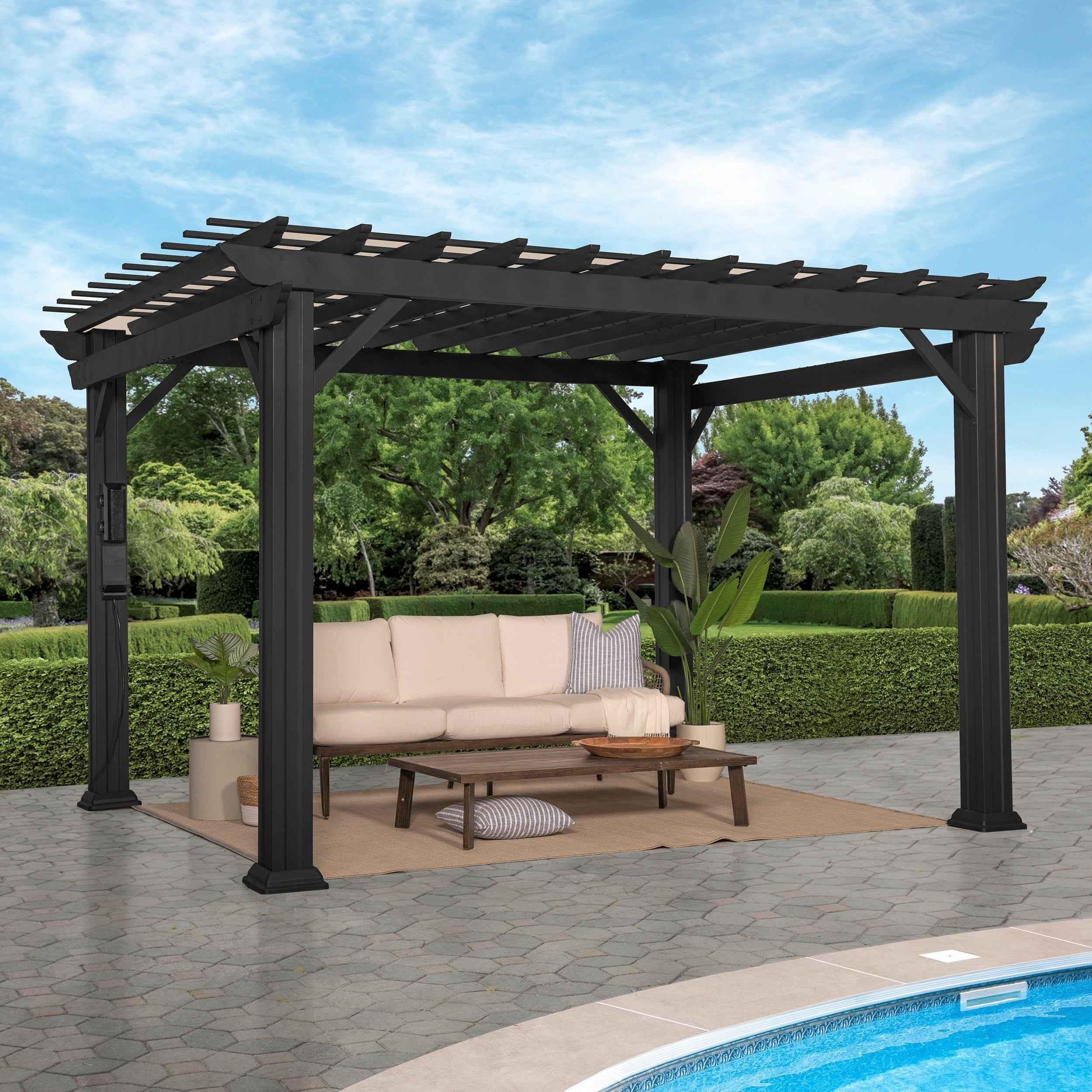Backyard Discovery 12x10 Stratford Traditional Steel Pergola With Sail Shade Soft Canopy.