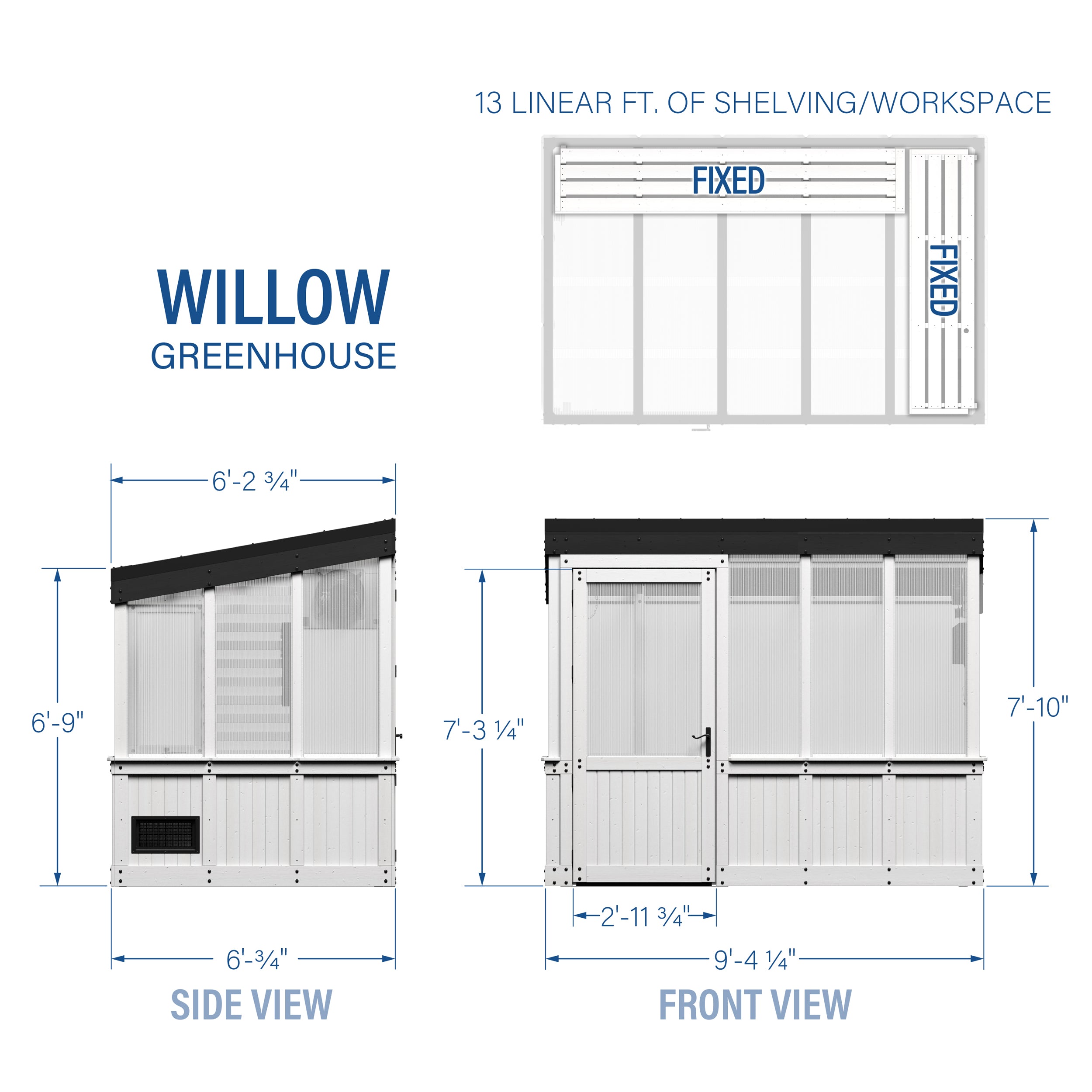 9x6 Willow Greenhouse - White Dimensions